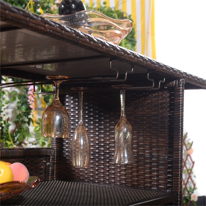 Pemberly Row Rattan Outdoor Patio Bar Counter Table Shelves in Brown