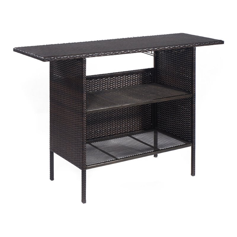Pemberly Row Rattan Outdoor Patio Bar Counter Table Shelves in Brown