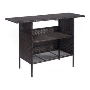 Pemberly Row Rattan Outdoor Patio Bar Counter Table Shelves in Brown
