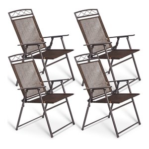 Pemberly Row 16.9&quot Steel Metal Patio Folding Sling Chairs in Coffee (Set of 4)