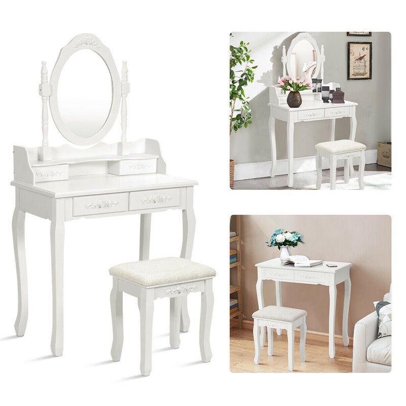 Pemberly Row Contemporary Pine Wood Vanity Table Set with 2 Big Drawers in White