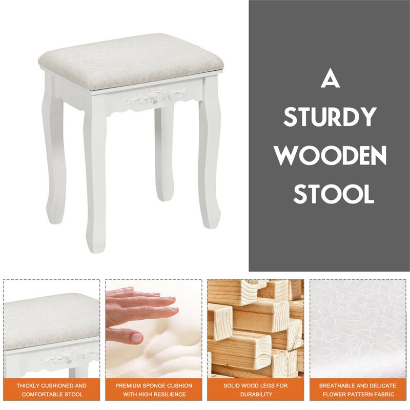 Pemberly Row Contemporary Pine Wood Vanity Table Set with 2 Big Drawers in White