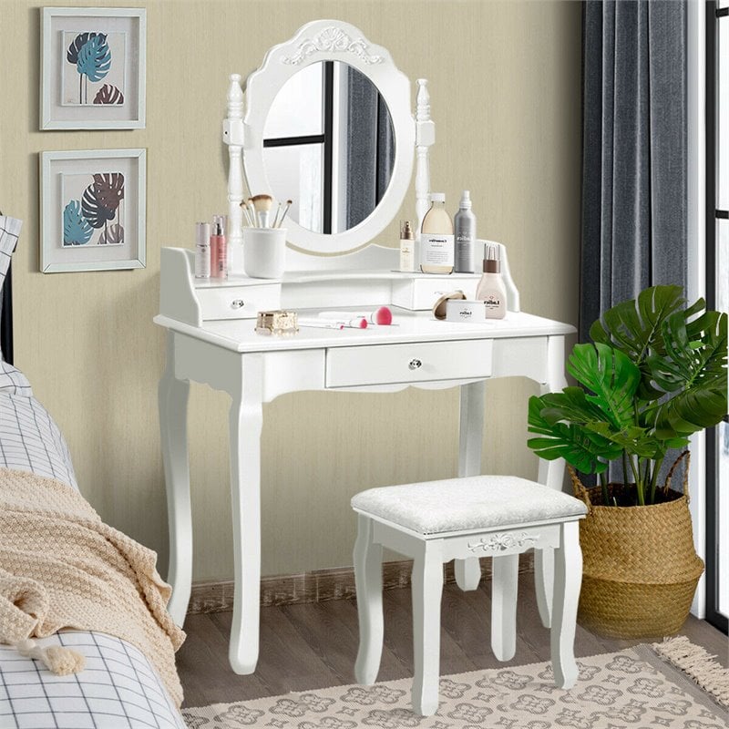 Pemberly Row Contemporary Pine Wood Vanity Table Set with 1 Big Drawer in White