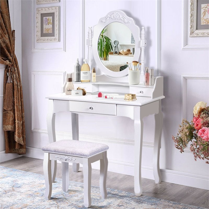 Pemberly Row Contemporary Pine Wood Vanity Table Set with 1 Big Drawer in White
