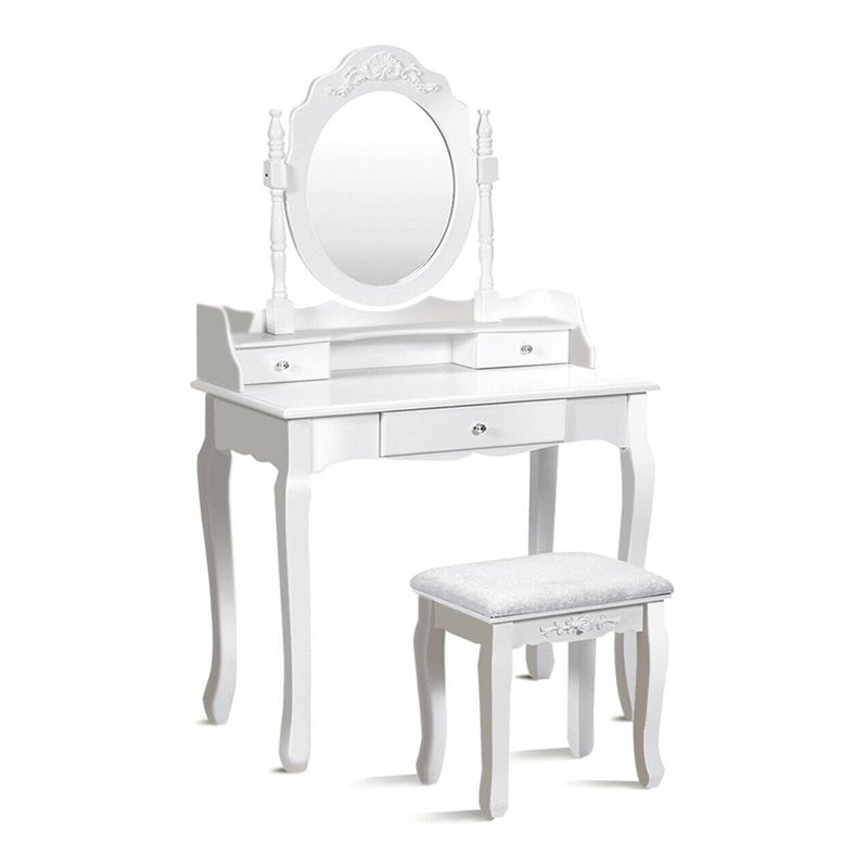 Pemberly Row Contemporary Pine Wood Vanity Table Set with 1 Big Drawer in White