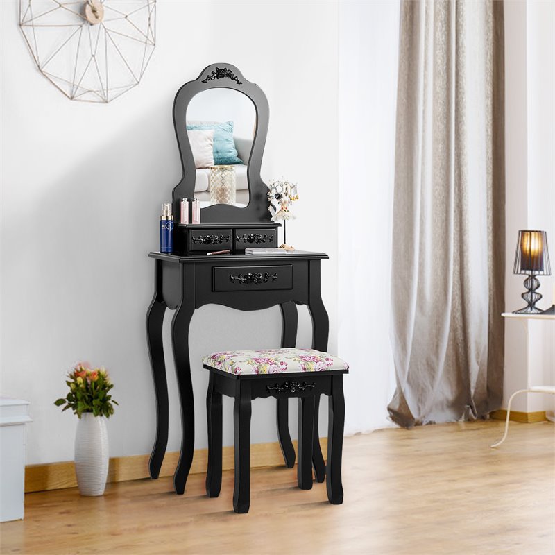 Pemberly Row Pine Wood Vanity Table Set with 3 Storage Drawers in Black