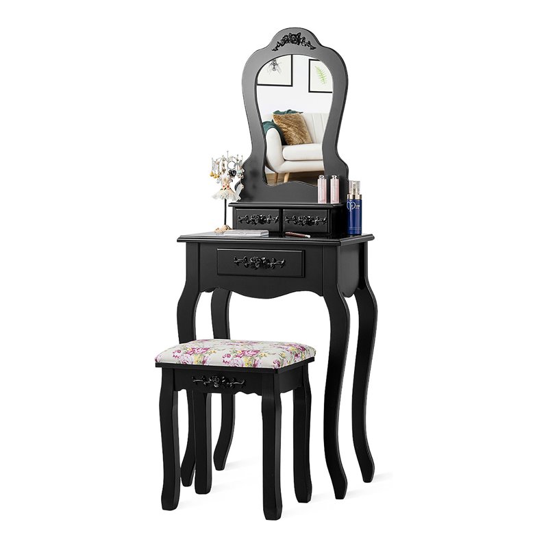 Pemberly Row Pine Wood Vanity Table Set with 3 Storage Drawers in Black