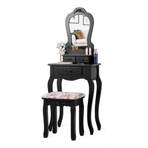 Pemberly Row Pine Wood Vanity Table Set with 3 Storage Drawers in Black