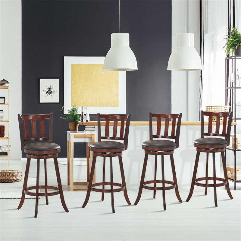 Pemberly Row Rubber Wood and Leather Swivel Bar Stools in Brown (Set of 4)