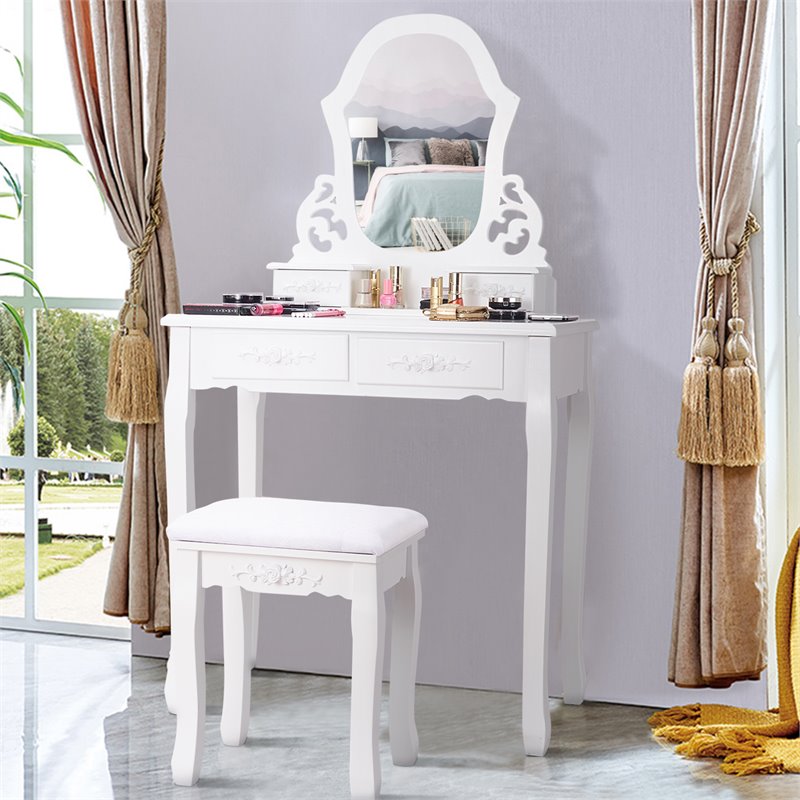 Pemberly Row Pine Wood Vanity Table Set with 4 Storage Drawers in White