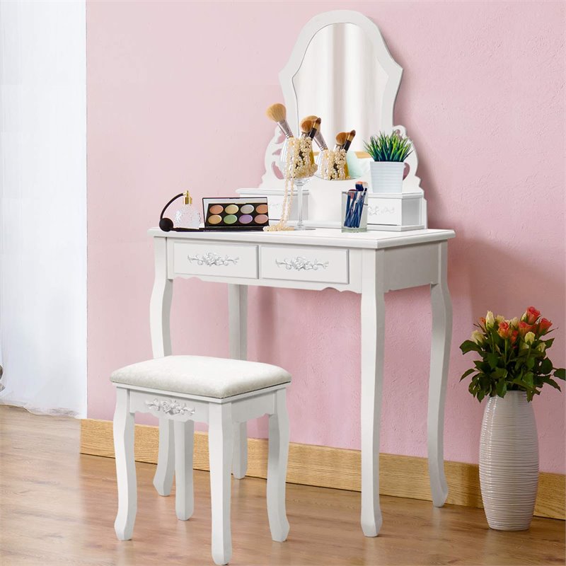 Pemberly Row Pine Wood Vanity Table Set with 4 Storage Drawers in White