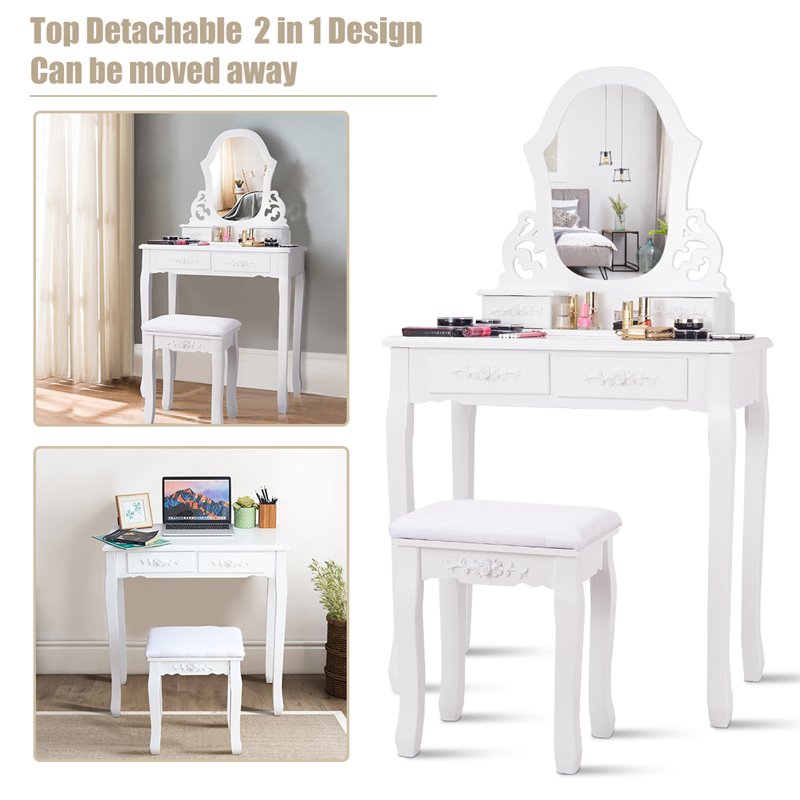 Pemberly Row Pine Wood Vanity Table Set with 4 Storage Drawers in White