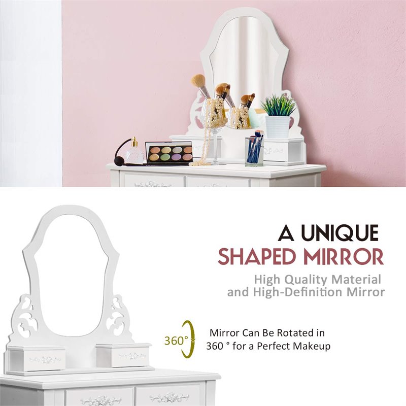 Pemberly Row Pine Wood Vanity Table Set with 4 Storage Drawers in White