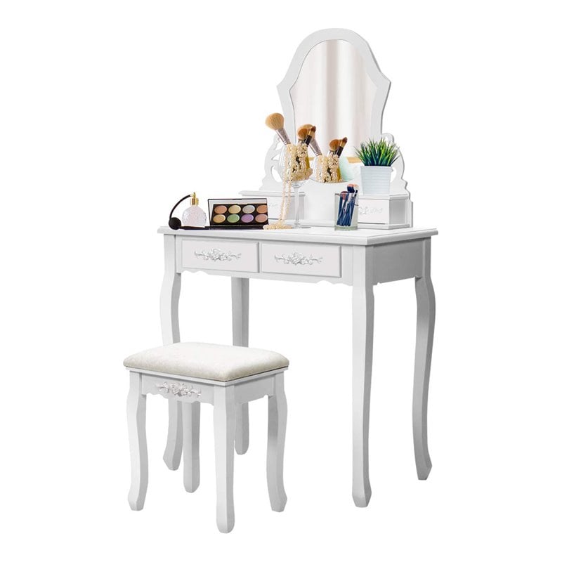 Pemberly Row Pine Wood Vanity Table Set with 4 Storage Drawers in White