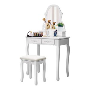 Pemberly Row Pine Wood Vanity Table Set with 4 Storage Drawers in White