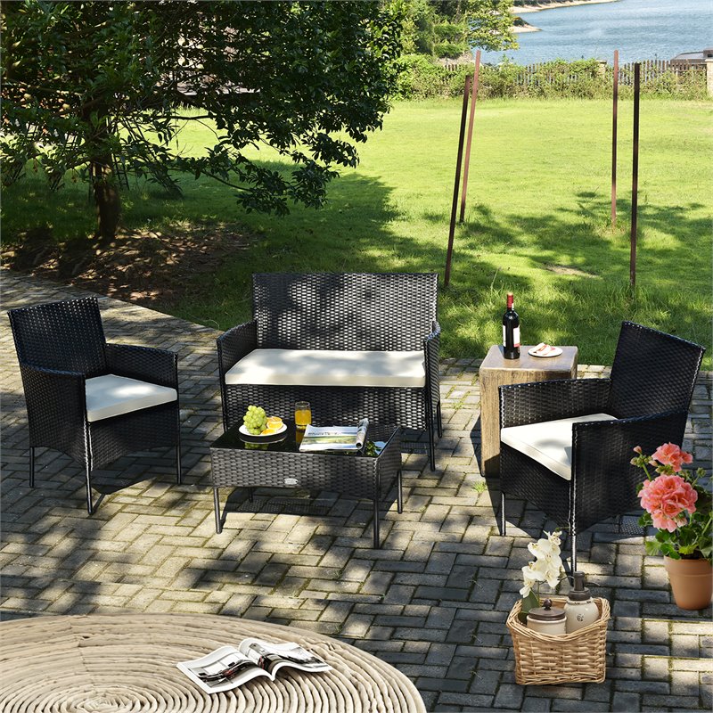Pemberly Row 4 Pieces Rattan Patio Furniture Set with Cushion in White