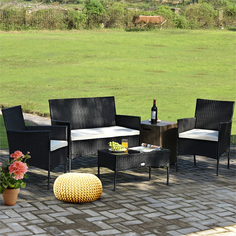 Pemberly Row 4 Pieces Rattan Patio Furniture Set with Cushion in White