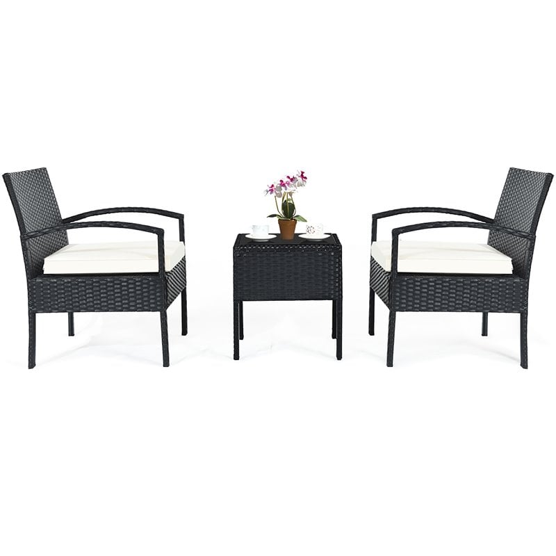 Pemberly Row 3 Pieces Rattan Patio Furniture Set with Cushion Outdoor in Black
