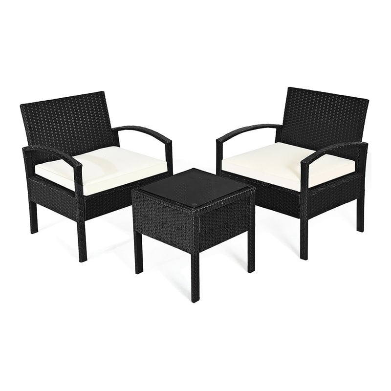 Pemberly Row 3 Pieces Rattan Patio Furniture Set with Cushion Outdoor in Black