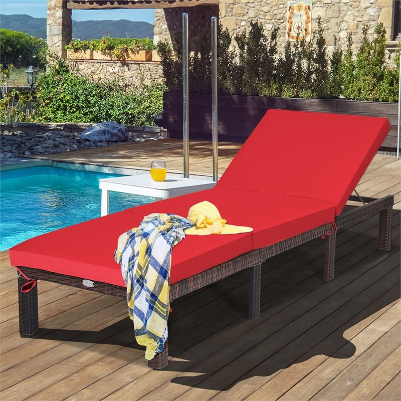 Pemberly Row 2 Pieces Rattan Outdoor Patio Lounge Chaise Chair in Brown/Red