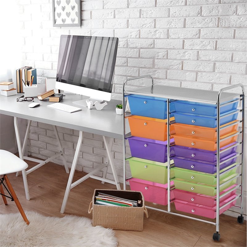 Pemberly Row 15 Drawers Scrapbook Paper Rolling Storage Cart in Multi-Color