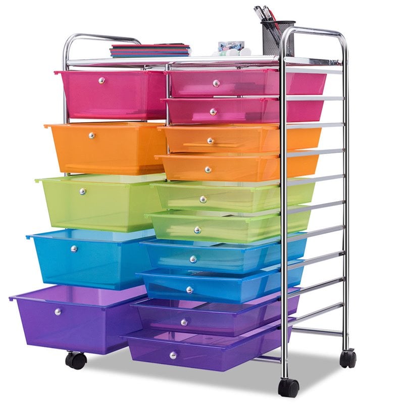 Pemberly Row 15 Drawers Scrapbook Paper Rolling Storage Cart in Multi-Color