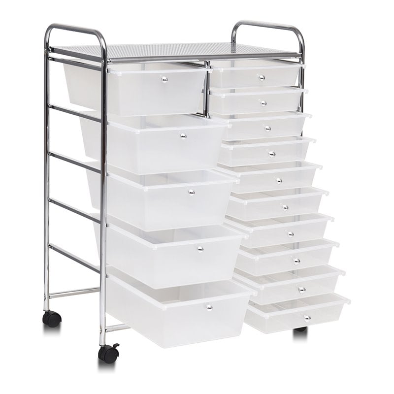 Pemberly Row Scrapbook Paper Rolling Storage Cart with 15 Drawers in Clear