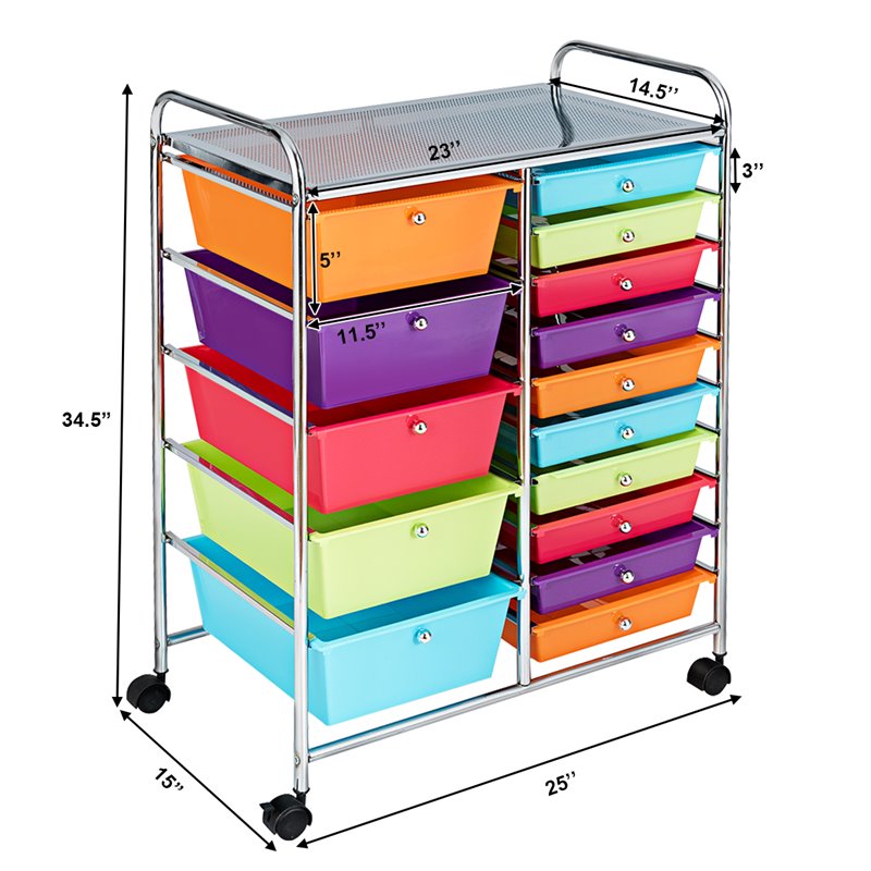 Pemberly Row Scrapbook Paper Rolling Storage Cart with 15 Drawers in Multi-Color