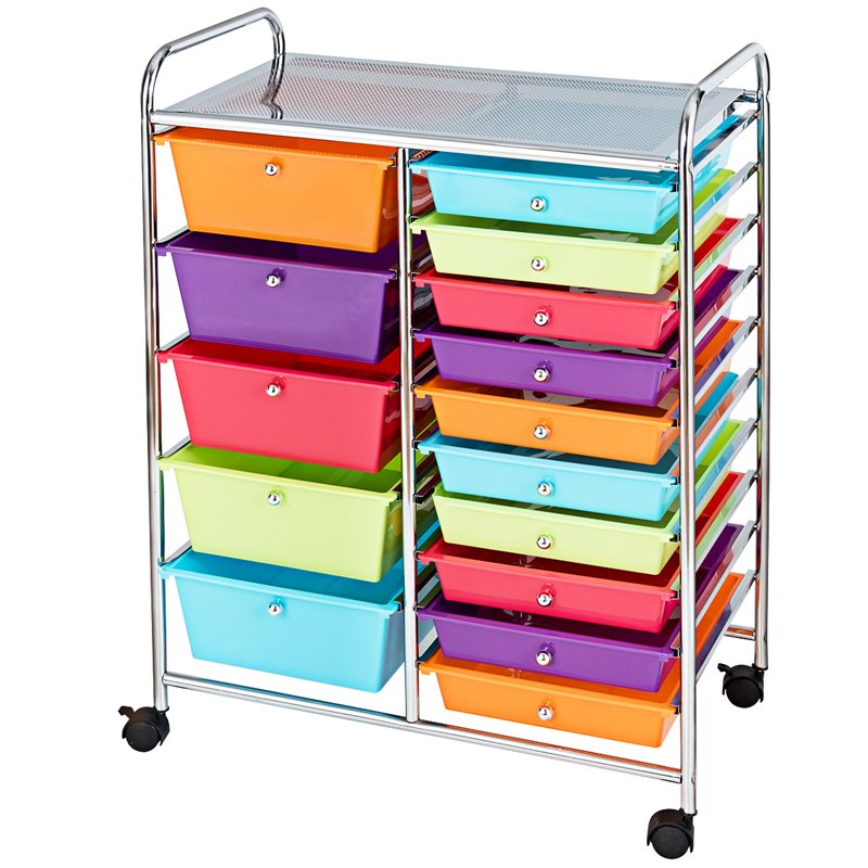 Pemberly Row Scrapbook Paper Rolling Storage Cart with 15 Drawers in Multi-Color