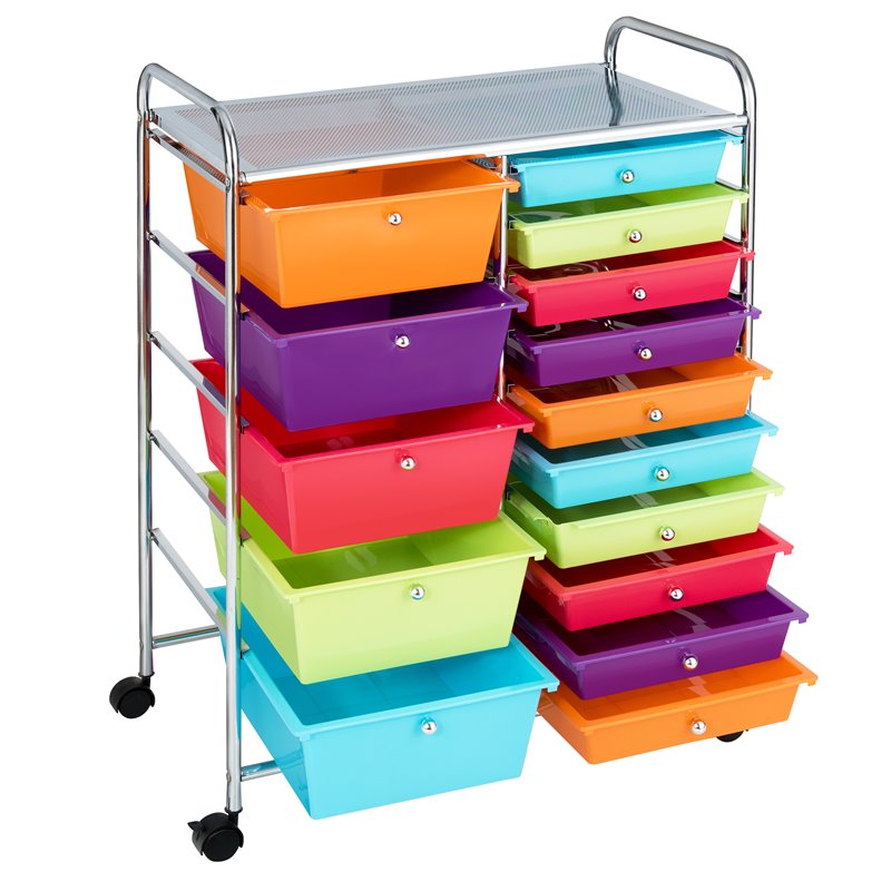 Pemberly Row Scrapbook Paper Rolling Storage Cart with 15 Drawers in Multi-Color