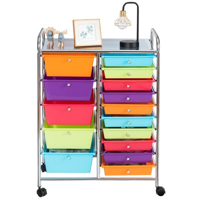 Pemberly Row Scrapbook Paper Rolling Storage Cart with 15 Drawers in Multi-Color
