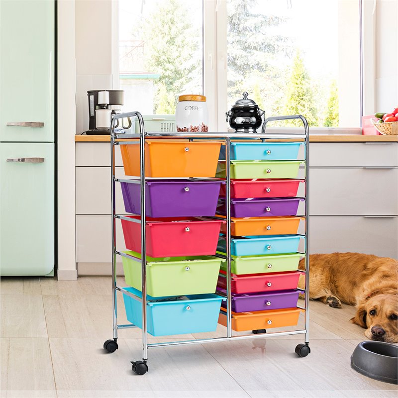 Pemberly Row Scrapbook Paper Rolling Storage Cart with 15 Drawers in Multi-Color