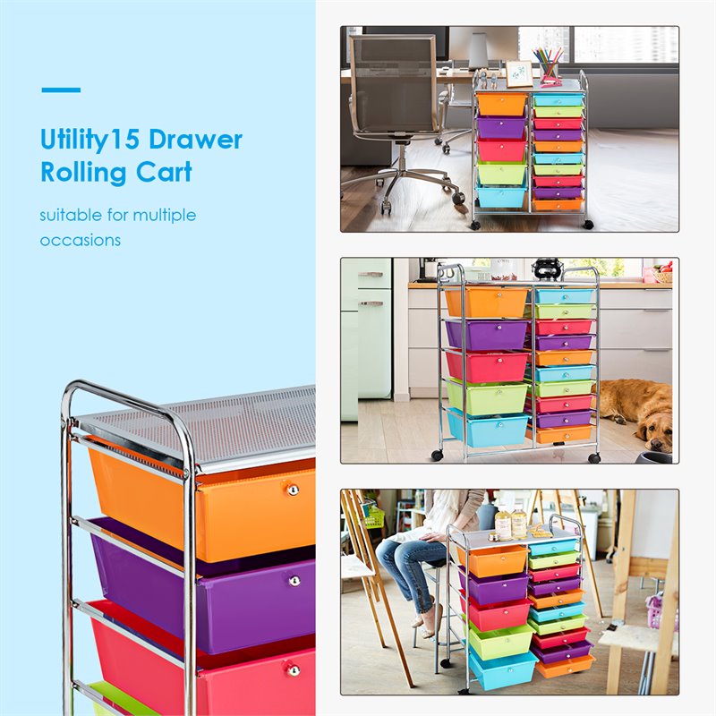 Pemberly Row Scrapbook Paper Rolling Storage Cart with 15 Drawers in Multi-Color
