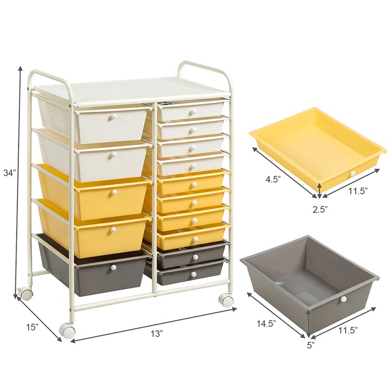 Pemberly Row Scrapbook Paper Rolling Storage Cart with 15 Drawers in Gray