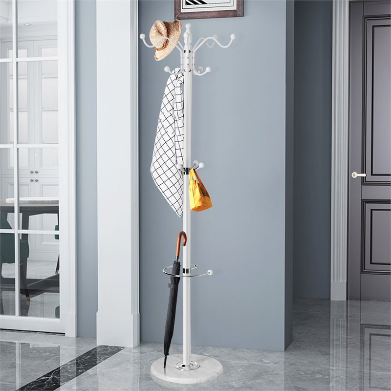 Pemberly Row 70'' Contemporary Iron & Marble Coat Rack with 15 Hooks in White