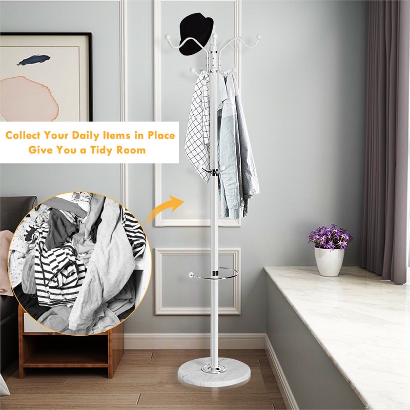 Pemberly Row 70'' Contemporary Iron & Marble Coat Rack with 15 Hooks in White