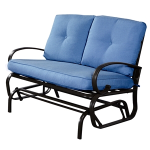 Pemberly Row Steel Metal Outdoor Patio Rocking Bench with Cushion Seat in Blue