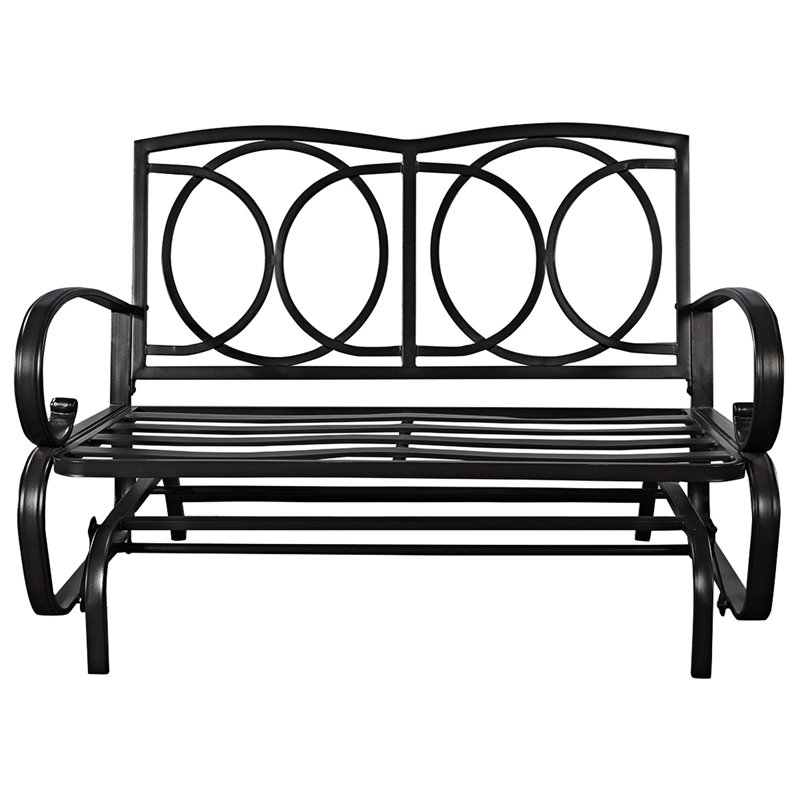 Pemberly Row Steel Metal Outdoor Patio Rocking Bench with Cushion Seat in Blue
