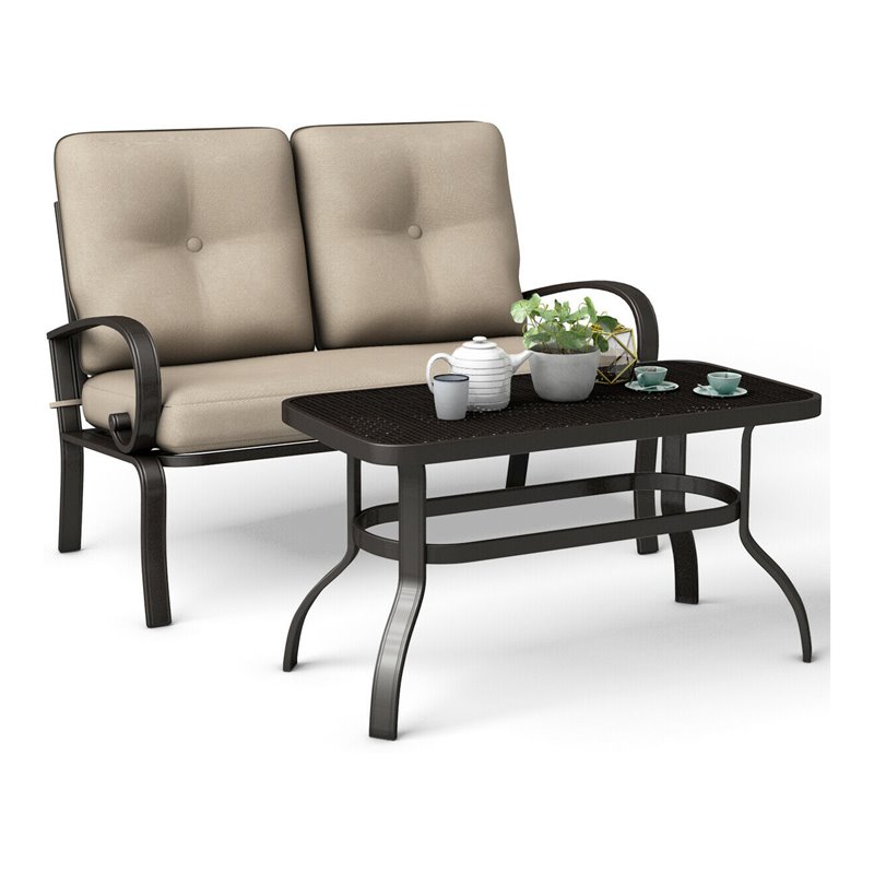 Pemberly Row 2 Pcs Steel Metal Patio Outdoor Furniture Set with Cushion in Beige