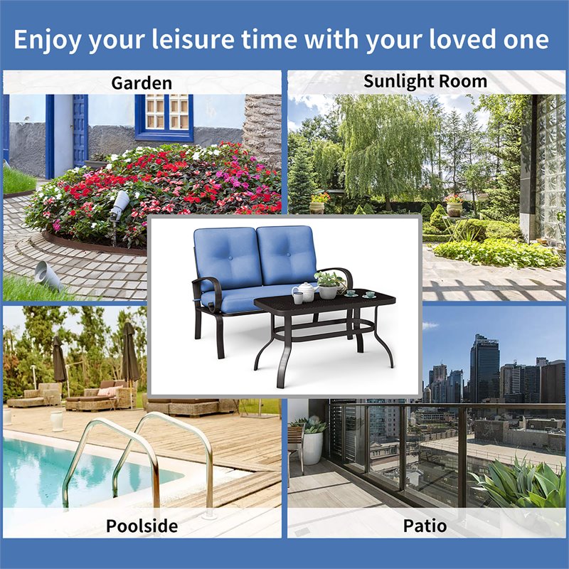 Pemberly Row 2 Pieces Metal Patio Outdoor Furniture Set with Cushion in Blue