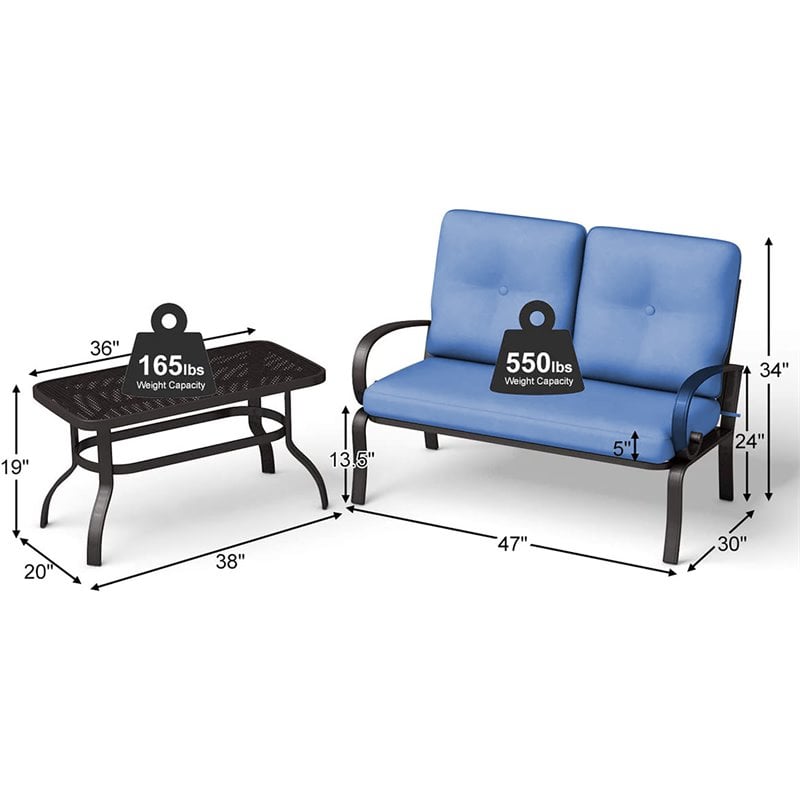 Pemberly Row 2 Pieces Metal Patio Outdoor Furniture Set with Cushion in Blue