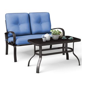 Pemberly Row 2 Pieces Metal Patio Outdoor Furniture Set with Cushion in Blue