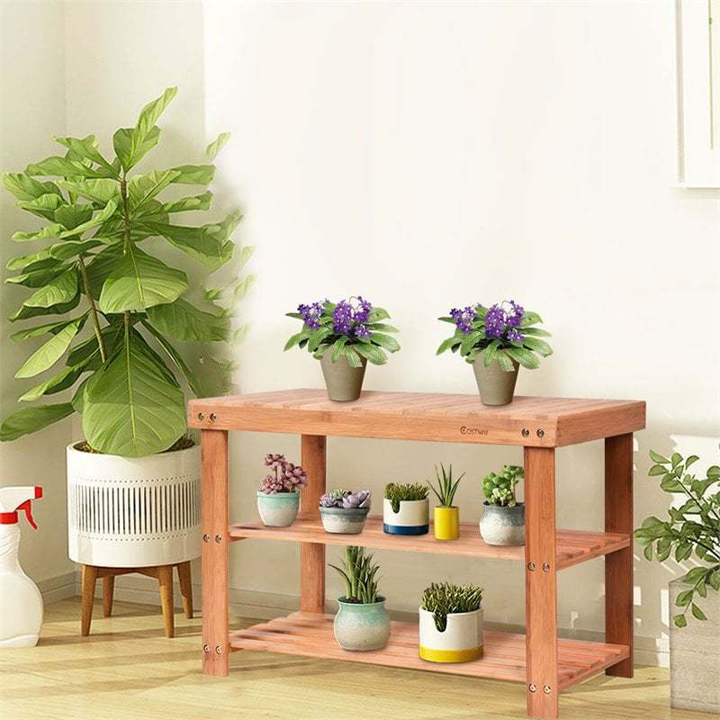 Pemberly Row 2-Tier Entryway Solid Bamboo Shoe Storage Rack Bench in Natural