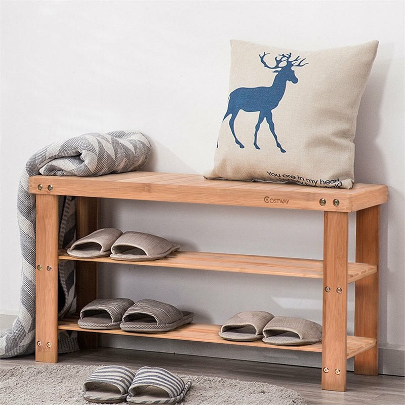 Pemberly Row 2-Tier Entryway Solid Bamboo Shoe Storage Rack Bench in Natural