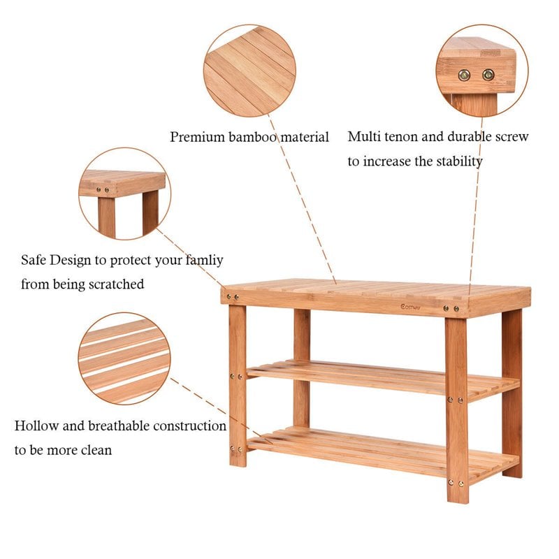 Pemberly Row 2-Tier Entryway Solid Bamboo Shoe Storage Rack Bench in Natural