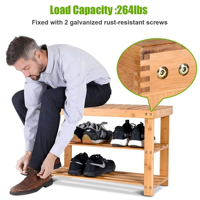 Pemberly Row 2-Tier Entryway Solid Bamboo Shoe Storage Rack Bench in Natural