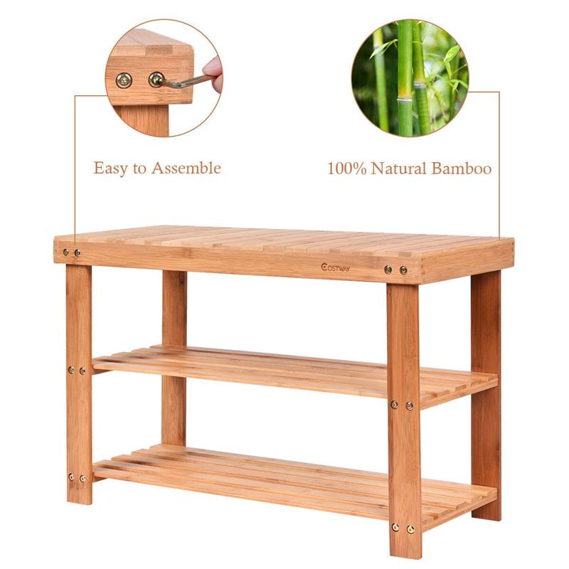 Pemberly Row 2-Tier Entryway Solid Bamboo Shoe Storage Rack Bench in Natural