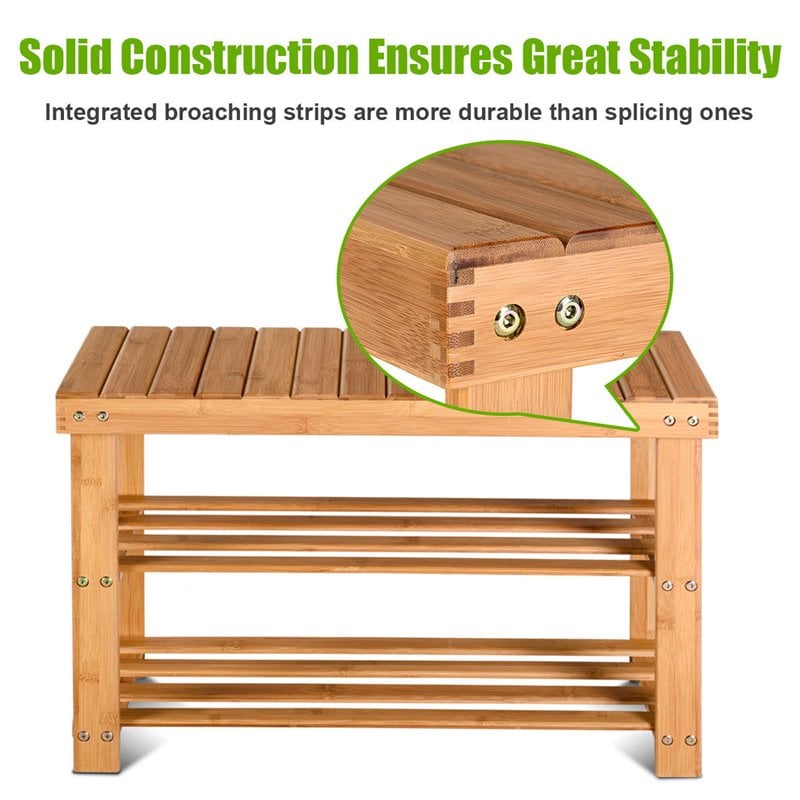 Pemberly Row 2-Tier Entryway Solid Bamboo Shoe Storage Rack Bench in Natural