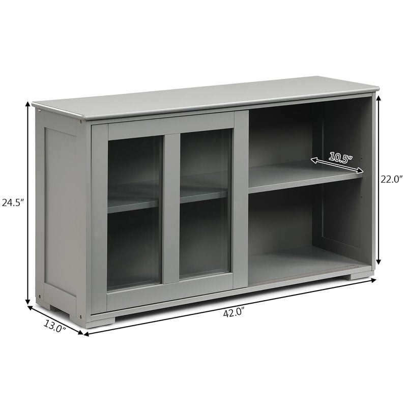 Pemberly Row MDF and Glass Kitchen Storage Cabinet with Sliding Door in Gray