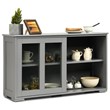 Pemberly Row MDF and Glass Kitchen Storage Cabinet with Sliding Door in Gray